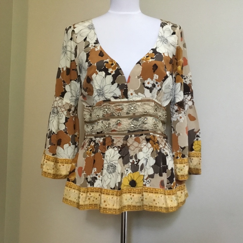Vintage NWT$118 ARDEN B silk brown floral beaded top L